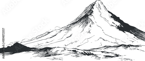 Stylized black and white vector illustration of a majestic mountain landscape suitable for nature-themed design projects