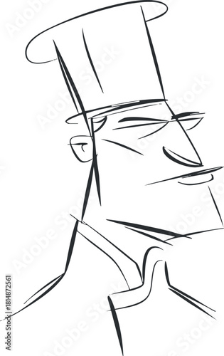 Stylized line art illustration of a confident chef wearing a chef hat, ideal for culinary branding and kitchen themes