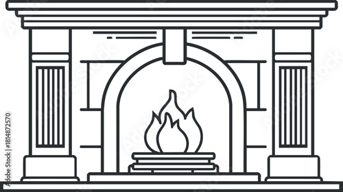 Outline vector illustration of a cozy fireplace design, suitable for home decor and interior design projects