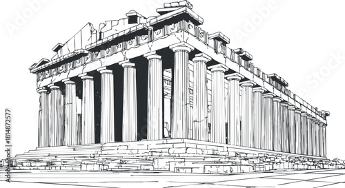 Detailed line art illustration of the Parthenon temple in Athens, showcasing classical Greek architecture and historical significance.