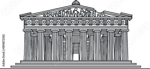 Outline vector illustration of an ancient Greek temple with iconic columns and sculptures, ideal for educational and historical design projects