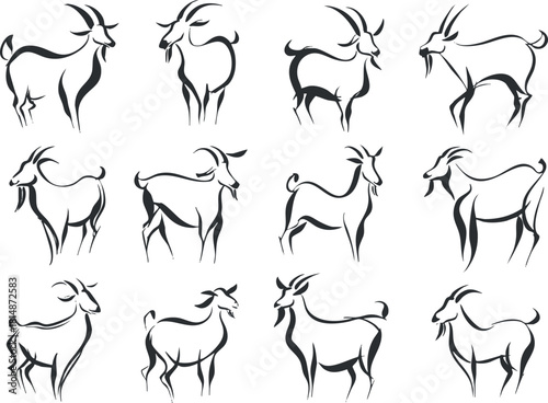 Stylized black and white vector illustration set of goats featuring modern and minimalist designs for artistic projects and branding.