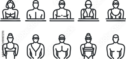 Minimalist line art vector illustration of diverse swimmers in various poses, perfect for summer sports and leisure design