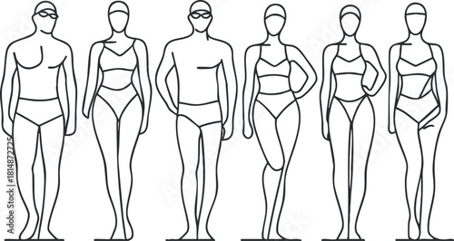 Stylized line art vector illustration of diverse swimwear models showcasing different body types for fashion and design projects