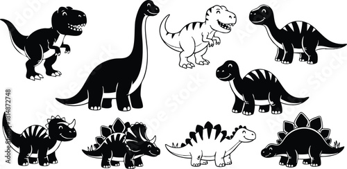 Dinosaur illustrations featuring various species in playful poses and designs for educational and creative purposes 