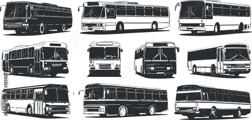 Vector illustration set featuring various styles of buses in black and white, ideal for transportation and urban design projects