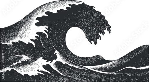 Stylized black and white vector illustration of ocean waves, perfect for nature-themed design projects and artworks