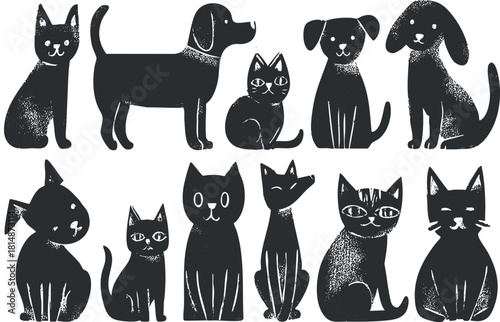 Playful black and white vector illustration featuring a set of cute cats and dogs in various poses for pet-themed design projects