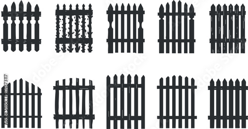 Collection of black silhouette vector illustrations of various wooden fence designs for landscaping and decorative purposes