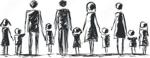 Sketch-style vector illustration of a diverse family holding hands, symbolizing unity and togetherness for community themes.