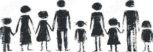 Stylized black and white vector illustration of a diverse family holding hands, symbolizing love and unity in a modern design.