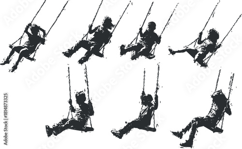 Silhouette vector illustration of children swinging on swings, showcasing joyful movement and playful energy in a minimalist style