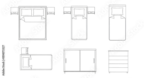 Top view bedroom furniture symbols set. 2D vector plan of king and twin beds, wardrobe, and dresser.