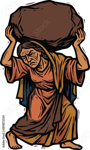 Vector illustration of tired man carrying heavy rock burden on back with struggle and effort