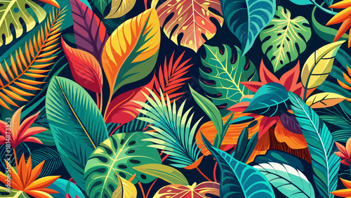 Very beautiful vibrant tropical foliage pattern featuring layered lush leaves, bold organic shapes, and dynamic botanical elements that create an energetic and exotic seamless design.