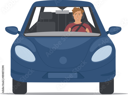 Young Man Driving a Blue Electric Car