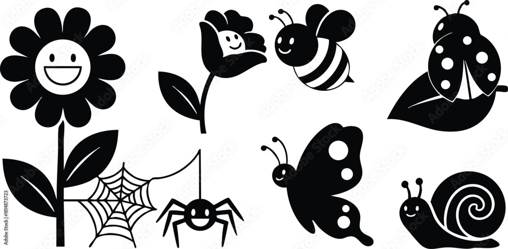 Obraz premium Cheerful flower and insects vector illustration featuring smiling flower, bees, ladybug, butterfly, spider, snail, and leaf design for nature lovers 