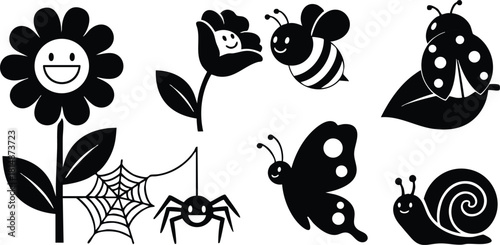 Cheerful flower and insects vector illustration featuring smiling flower, bees, ladybug, butterfly, spider, snail, and leaf design for nature lovers 