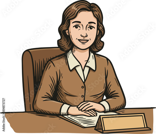 Woman sitting at office desk with nameplate and documents vector illustration businesswoman professional working space