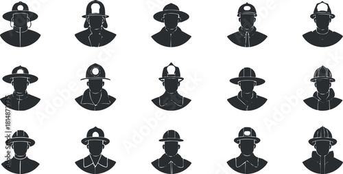 Stylish black silhouette vector icon set featuring diverse male characters with various hats and headwear for design and branding projects