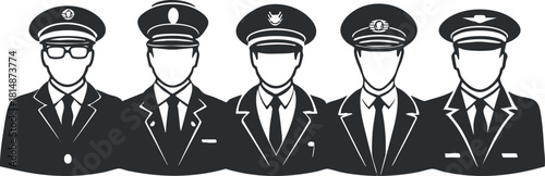Silhouette vector icon set featuring various professional uniforms including pilots and business attire for branding and design projects