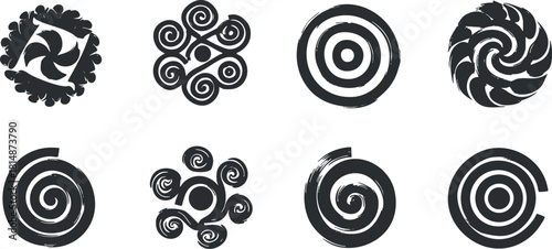 Stylized black and white vector illustration collection of swirling and spiral designs for use in graphic projects