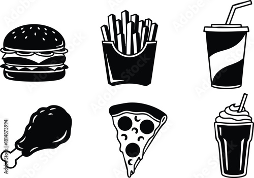 Fast food vector illustration featuring burger, fries, soda, chicken, pizza, and milkshake for food lovers 
