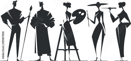 Stylized black and white vector illustration of artistic figures showcasing various art forms and tools for creative projects