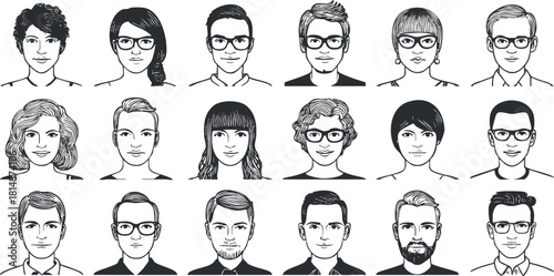 Diverse vector illustration of male and female characters with glasses, showcasing various hairstyles and expressions for branding and design projects