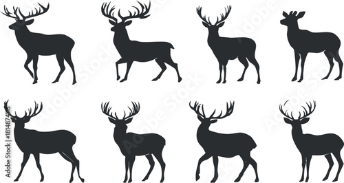 Silhouette vector icon set featuring various deer poses, ideal for wildlife themes and nature-inspired design projects
