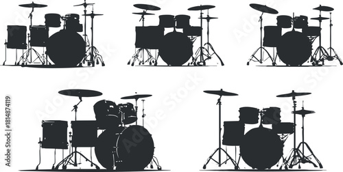 Silhouette vector illustration set of various drum kits for music-themed design projects and branding.