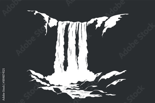 Stylized black and white vector illustration of a majestic waterfall cascading over rocky cliffs, perfect for nature-themed designs.