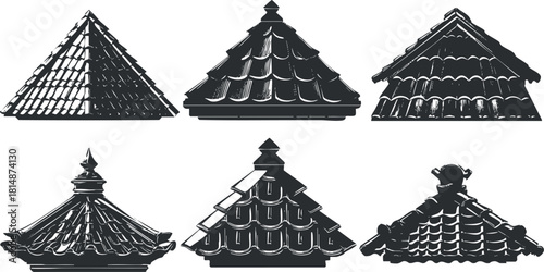 Collection of vintage black and white vector illustrations showcasing various architectural roof designs and styles