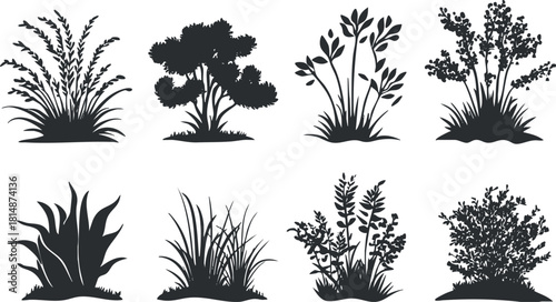 Silhouette vector illustration collection of various plants and shrubs for nature-themed design projects