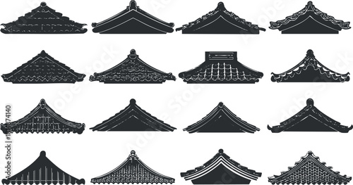 Collection of traditional Asian roof designs in minimalist black and white vector style for architectural projects and cultural themes