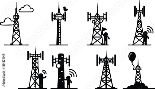 Communication towers vector illustration featuring various styles and designs with characters interacting with antennas and signals 