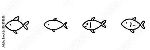 Four Fish Line Icon Set In Doodle Style. Marine Life, Aquatic Animals, And Ocean Creatures Outline Sketch Collection. Hand Drawn Isolated Vector Illustration