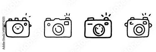 Cute Camera Line Icon Set In Doodle Style. Photography, Creativity, And Fun Expression Outline Sketch Collection. Smiling Faces On Cameras. Hand Drawn Isolated Vector Illustration