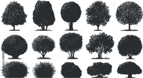 Collection of minimalist silhouette vector illustrations of various trees and shrubs for nature-themed design projects