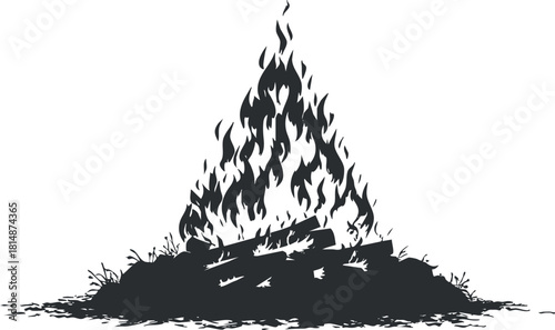 Stylized black and white vector illustration of a campfire with flames and logs, ideal for outdoor and camping designs