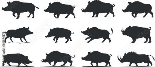 Silhouette vector icon set featuring various poses of wild boars for wildlife and nature-themed design projects