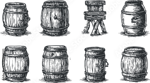 Hand-drawn vintage vector illustration of various wooden barrels in different styles and sizes for rustic design projects