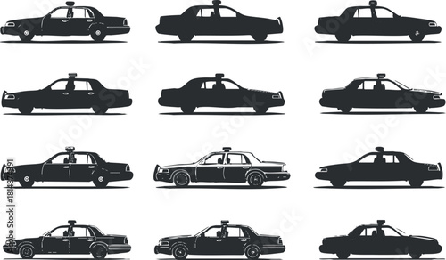 Silhouette vector icon set featuring various taxi designs in a clean, modern style for urban transportation concepts