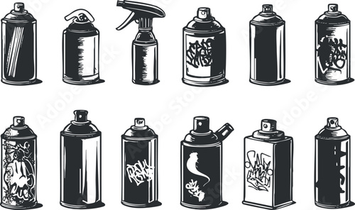 Hand-drawn vector illustration of various spray paint cans for urban art and graffiti design projects