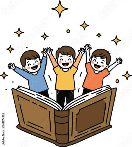Children reading book happy excited magical stars around learning and imagination vector illustration