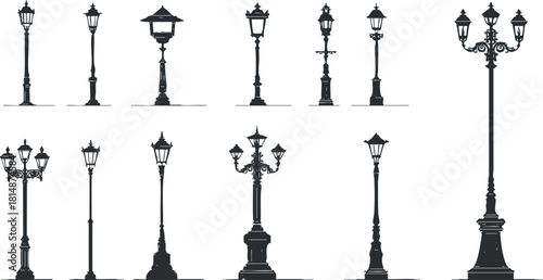 Elegant vector illustration set of vintage street lamp designs in black and white for urban landscaping and decor projects
