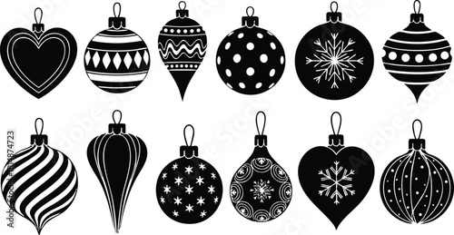 Christmas ornaments collection featuring various shapes and designs perfect for holiday decorations and celebrations 