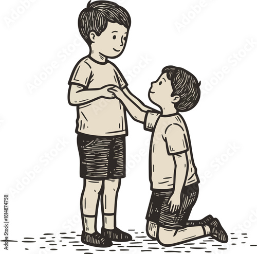 Two boys interacting one standing and one kneeling vintage style drawing vector illustration