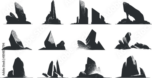 Stylized black and white vector illustration of abstract rock formations ideal for nature-themed design projects.