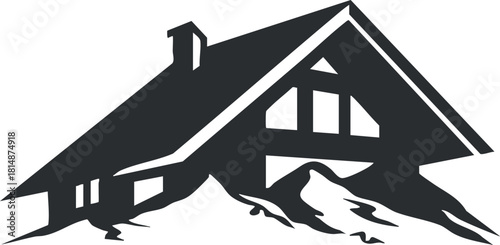 Stylized black and white vector illustration of a mountain cabin, perfect for winter holiday and travel design projects